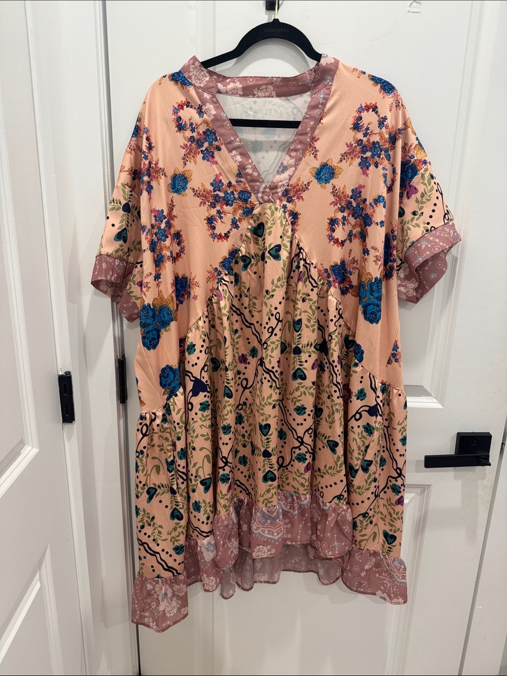 Peach Floral V-Neck Boho Dress with Blue Accents
